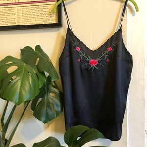 Urban Outfitters Silk Tank with Embroidered Flowers